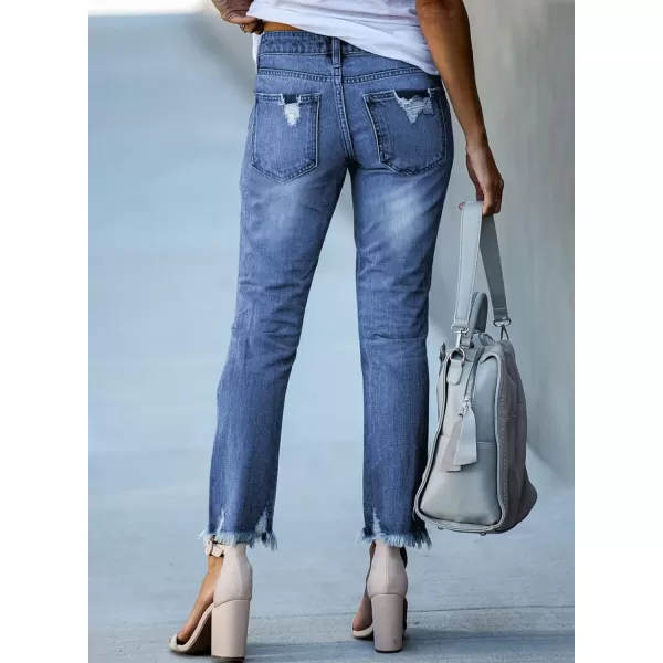 Dokotoo Women's Patchwork Destroyed Raw Hem Jeans Ripped Hole Boyfriend Denim Pants