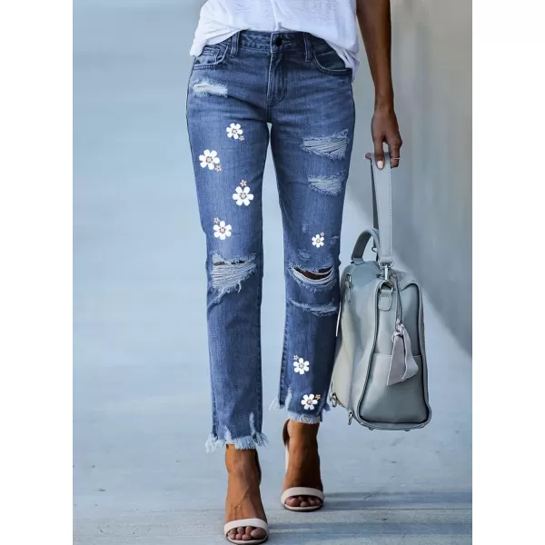 Dokotoo Women's Patchwork Destroyed Raw Hem Jeans Ripped Hole Boyfriend Denim Pants