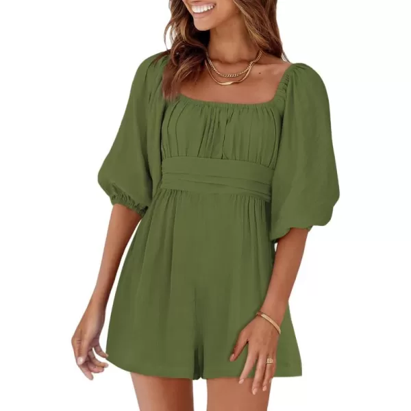 Dokotoo Women's Rompers Lantern Sleeves Ruffle High Waisted Short Back Tie Jumpsuit Square Neck One Piece Playsuits