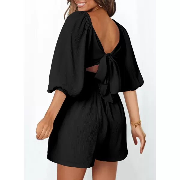 Dokotoo Women's Rompers Lantern Sleeves Ruffle High Waisted Short Back Tie Jumpsuit Square Neck One Piece Playsuits