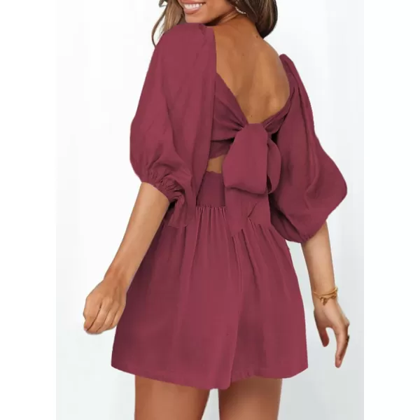 Dokotoo Women's Rompers Lantern Sleeves Ruffle High Waisted Short Back Tie Jumpsuit Square Neck One Piece Playsuits