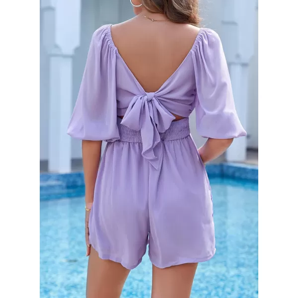 Dokotoo Women's Rompers Lantern Sleeves Ruffle High Waisted Short Back Tie Jumpsuit Square Neck One Piece Playsuits