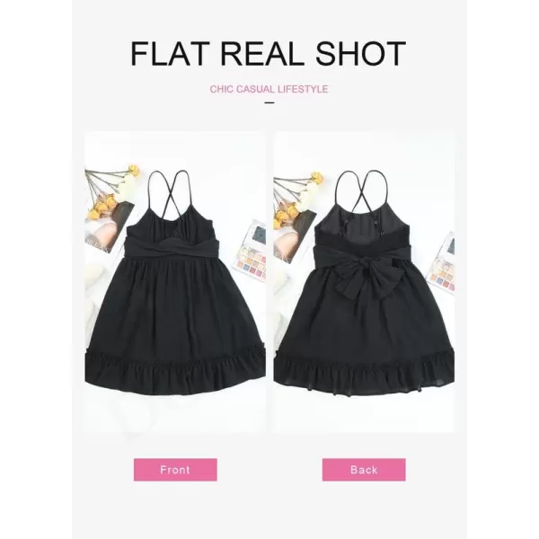 Dokotoo Women's Spaghetti Strap Dresses Scoop Neck Bow Backless Sleeveless Elastic Waist Ruffle Hem A-Line Casual Mini Dress