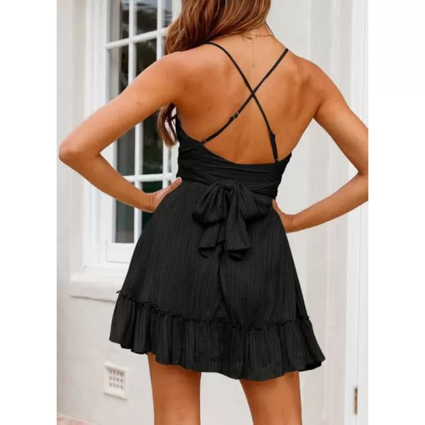 Dokotoo Women's Spaghetti Strap Dresses Scoop Neck Bow Backless Sleeveless Elastic Waist Ruffle Hem A-Line Casual Mini Dress