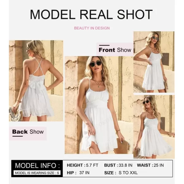 Dokotoo Women's Spaghetti Strap Dresses Scoop Neck Bow Backless Sleeveless Elastic Waist Ruffle Hem A-Line Casual Mini Dress