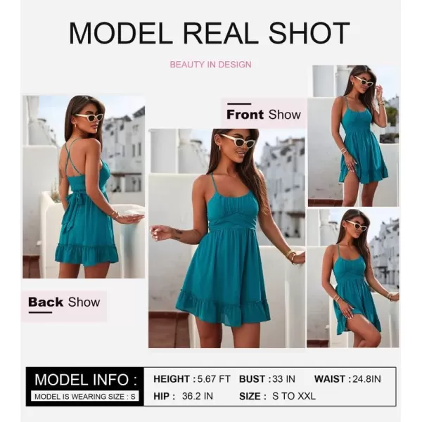 Dokotoo Women's Spaghetti Strap Dresses Scoop Neck Bow Backless Sleeveless Elastic Waist Ruffle Hem A-Line Casual Mini Dress