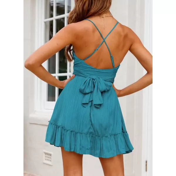 Dokotoo Women's Spaghetti Strap Dresses Scoop Neck Bow Backless Sleeveless Elastic Waist Ruffle Hem A-Line Casual Mini Dress