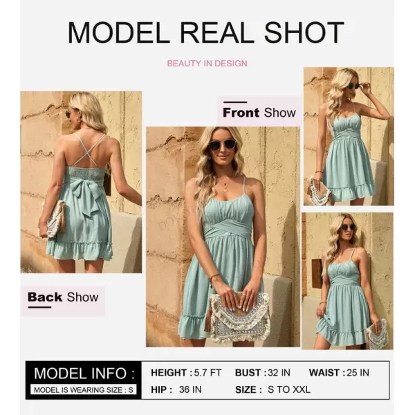Dokotoo Women's Spaghetti Strap Dresses Scoop Neck Bow Backless Sleeveless Elastic Waist Ruffle Hem A-Line Casual Mini Dress