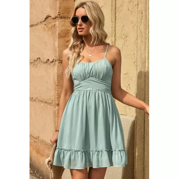 Dokotoo Women's Spaghetti Strap Dresses Scoop Neck Bow Backless Sleeveless Elastic Waist Ruffle Hem A-Line Casual Mini Dress