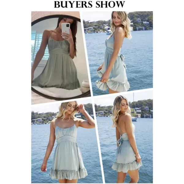 Dokotoo Women's Spaghetti Strap Dresses Scoop Neck Bow Backless Sleeveless Elastic Waist Ruffle Hem A-Line Casual Mini Dress