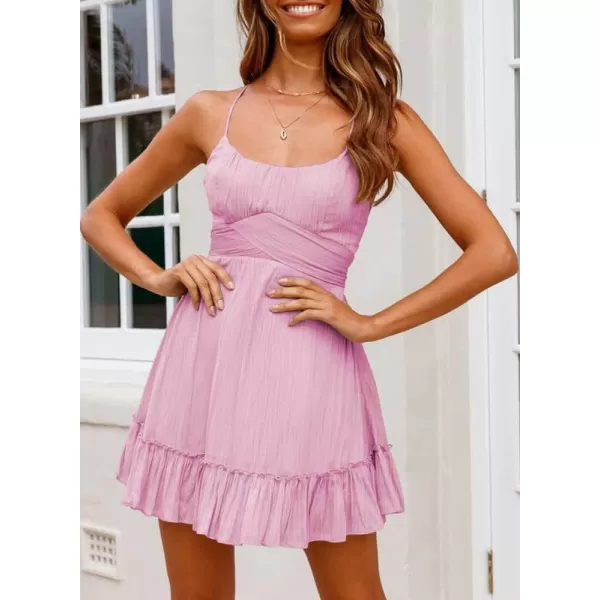 Dokotoo Women's Spaghetti Strap Dresses Scoop Neck Bow Backless Sleeveless Elastic Waist Ruffle Hem A-Line Casual Mini Dress