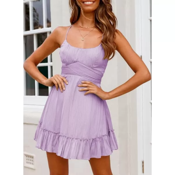 Dokotoo Women's Spaghetti Strap Dresses Scoop Neck Bow Backless Sleeveless Elastic Waist Ruffle Hem A-Line Casual Mini Dress