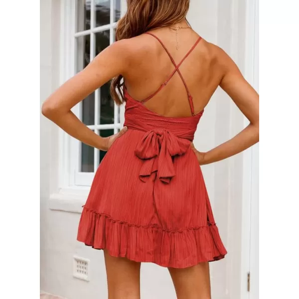 Dokotoo Women's Spaghetti Strap Dresses Scoop Neck Bow Backless Sleeveless Elastic Waist Ruffle Hem A-Line Casual Mini Dress