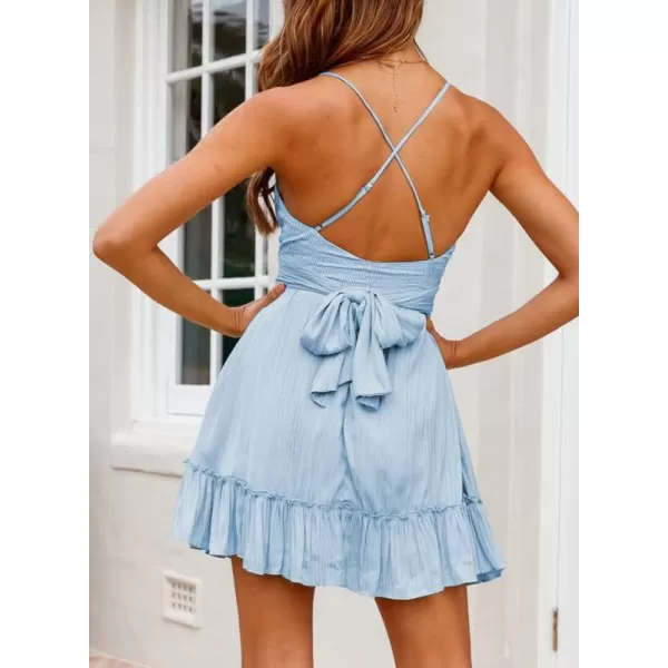 Dokotoo Women's Spaghetti Strap Dresses Scoop Neck Bow Backless Sleeveless Elastic Waist Ruffle Hem A-Line Casual Mini Dress