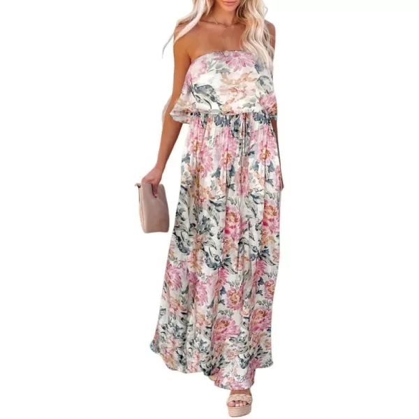 Dokotoo Womens Strapless Dresses Casual Summer High Waist Side Split Flowy Boho Maxi Dress