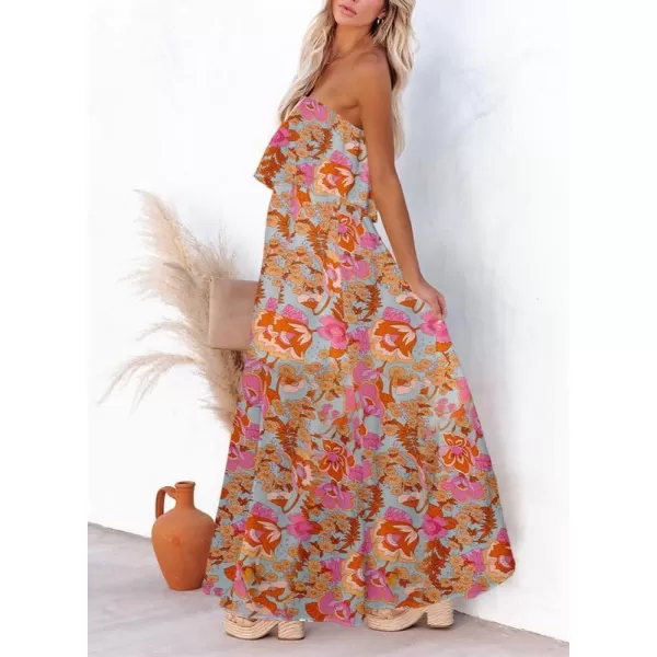 Dokotoo Womens Strapless Dresses Casual Summer High Waist Side Split Flowy Boho Maxi Dress