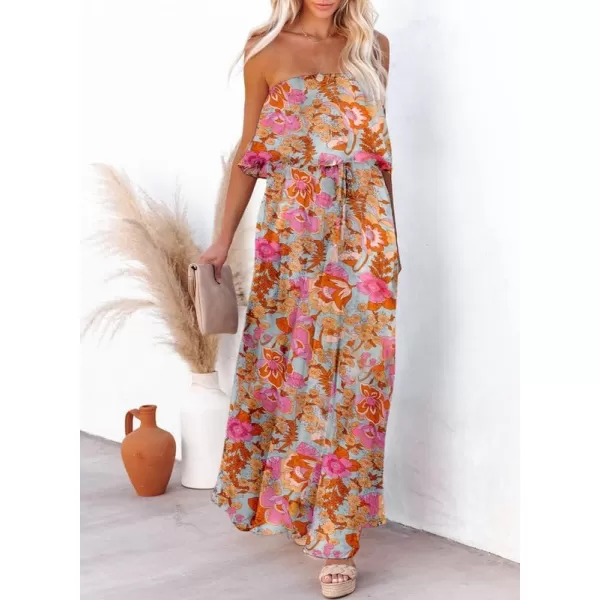 Dokotoo Womens Strapless Dresses Casual Summer High Waist Side Split Flowy Boho Maxi Dress