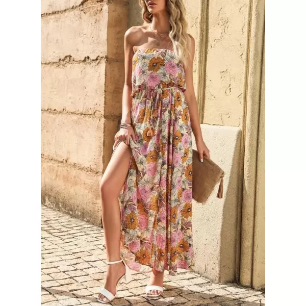 Dokotoo Womens Strapless Dresses Casual Summer High Waist Side Split Flowy Boho Maxi Dress