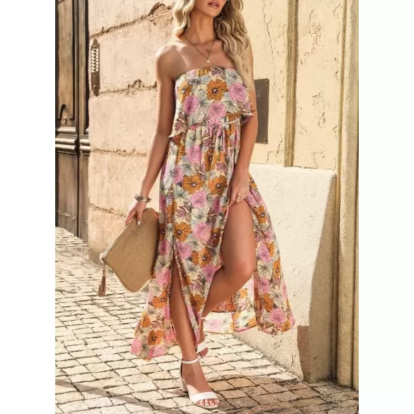 Dokotoo Womens Strapless Dresses Casual Summer High Waist Side Split Flowy Boho Maxi Dress