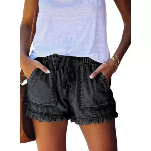 Dokotoo Womens Summer Drawstring Pocketed Frayed Tencel Jean Denim Shorts