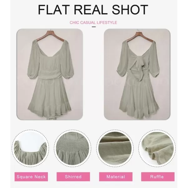 Dokotoo Womens Summer Dresses Square Neck Lantern Sleeve Tie Backless Ruffle A-Line Casual Dress