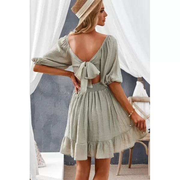 Dokotoo Womens Summer Dresses Square Neck Lantern Sleeve Tie Backless Ruffle A-Line Casual Dress