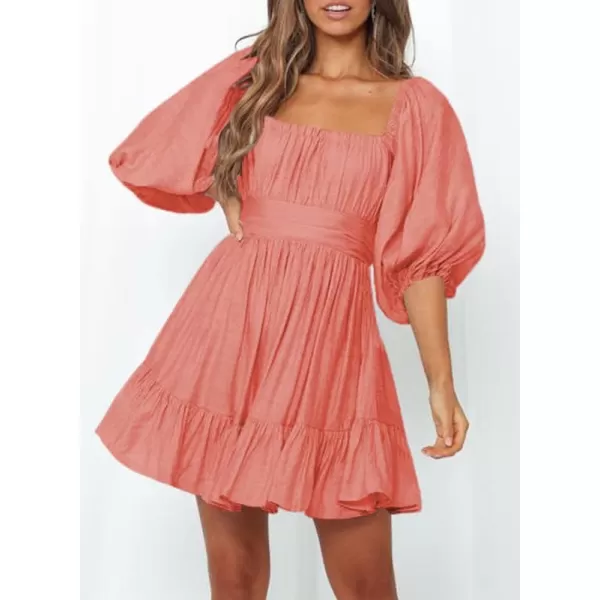 Dokotoo Womens Summer Dresses Square Neck Lantern Sleeve Tie Backless Ruffle A-Line Casual Dress
