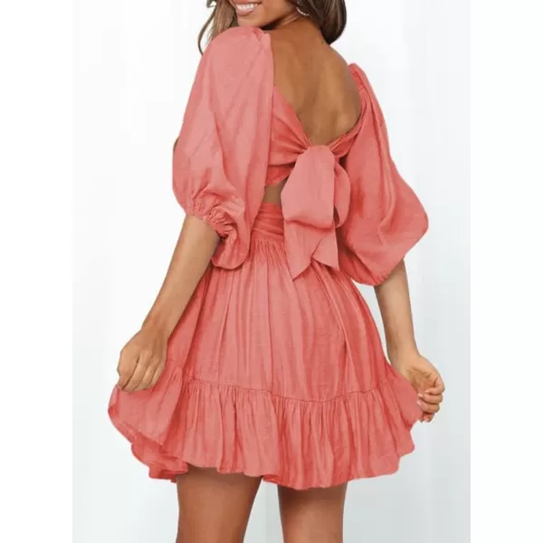 Dokotoo Womens Summer Dresses Square Neck Lantern Sleeve Tie Backless Ruffle A-Line Casual Dress