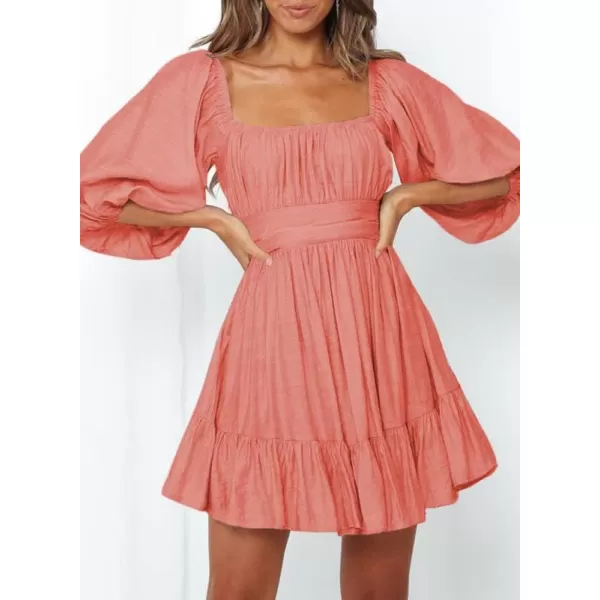 Dokotoo Womens Summer Dresses Square Neck Lantern Sleeve Tie Backless Ruffle A-Line Casual Dress