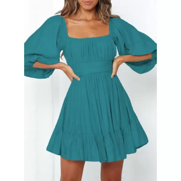 Dokotoo Womens Summer Dresses Square Neck Lantern Sleeve Tie Backless Ruffle A-Line Casual Dress