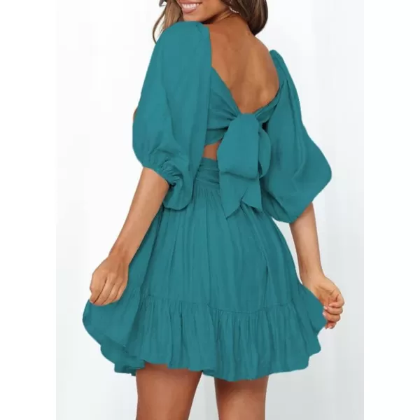 Dokotoo Womens Summer Dresses Square Neck Lantern Sleeve Tie Backless Ruffle A-Line Casual Dress