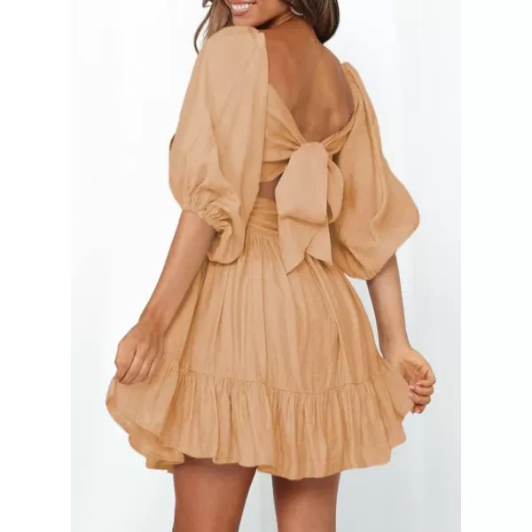 Dokotoo Womens Summer Dresses Square Neck Lantern Sleeve Tie Backless Ruffle A-Line Casual Dress