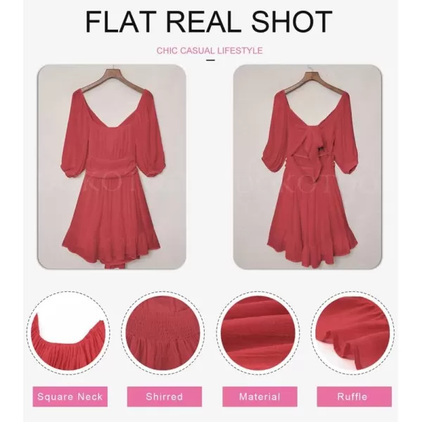 Dokotoo Womens Summer Dresses Square Neck Lantern Sleeve Tie Backless Ruffle A-Line Casual Dress
