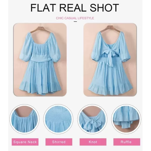 Dokotoo Womens Summer Dresses Square Neck Lantern Sleeve Tie Backless Ruffle A-Line Casual Dress