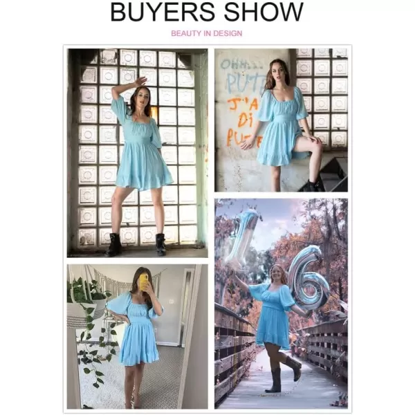 Dokotoo Womens Summer Dresses Square Neck Lantern Sleeve Tie Backless Ruffle A-Line Casual Dress