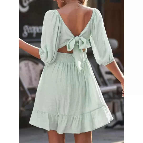 Dokotoo Womens Summer Dresses Square Neck Lantern Sleeve Tie Backless Ruffle A-Line Casual Dress