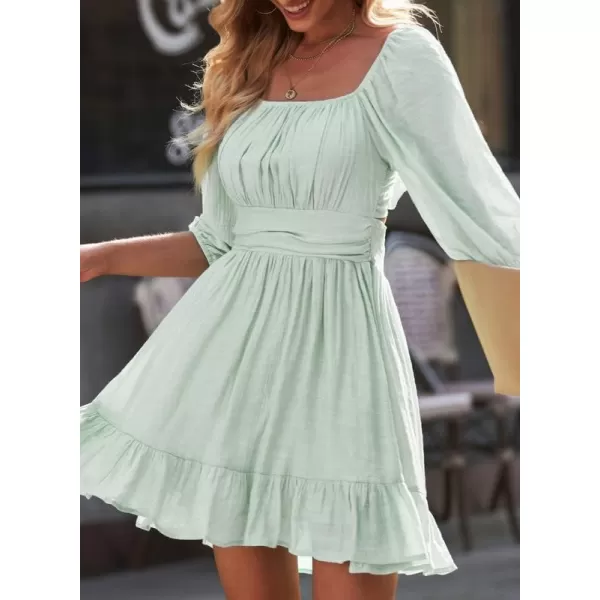 Dokotoo Womens Summer Dresses Square Neck Lantern Sleeve Tie Backless Ruffle A-Line Casual Dress