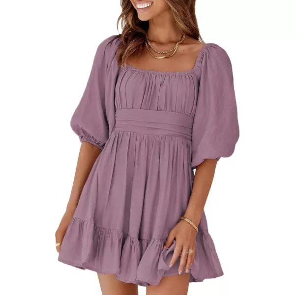 Dokotoo Womens Summer Dresses Square Neck Lantern Sleeve Tie Backless Ruffle A-Line Casual Dress