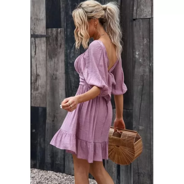 Dokotoo Womens Summer Dresses Square Neck Lantern Sleeve Tie Backless Ruffle A-Line Casual Dress
