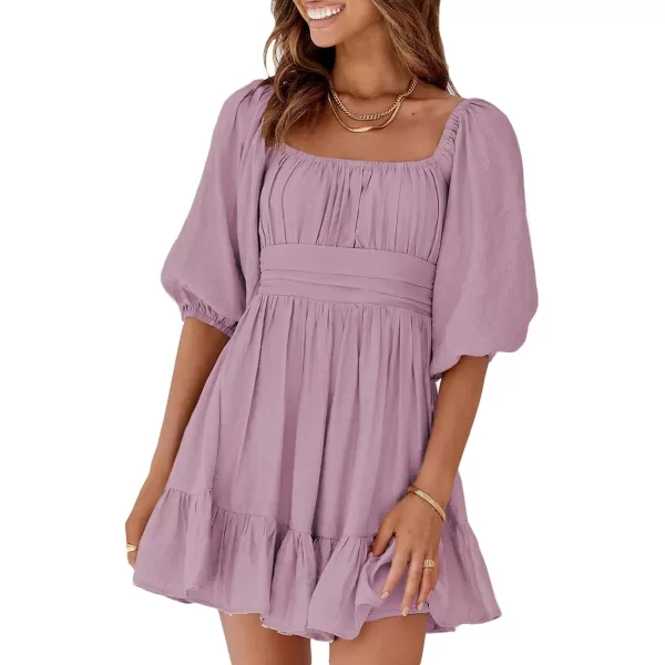 Dokotoo Womens Summer Dresses Square Neck Lantern Sleeve Tie Backless Ruffle A-Line Casual Dress