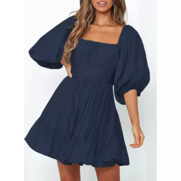 Dokotoo Womens Summer Dresses Square Neck Lantern Sleeve Tie Backless Ruffle A-Line Casual Dress