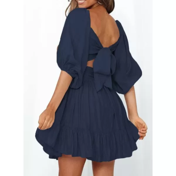 Dokotoo Womens Summer Dresses Square Neck Lantern Sleeve Tie Backless Ruffle A-Line Casual Dress