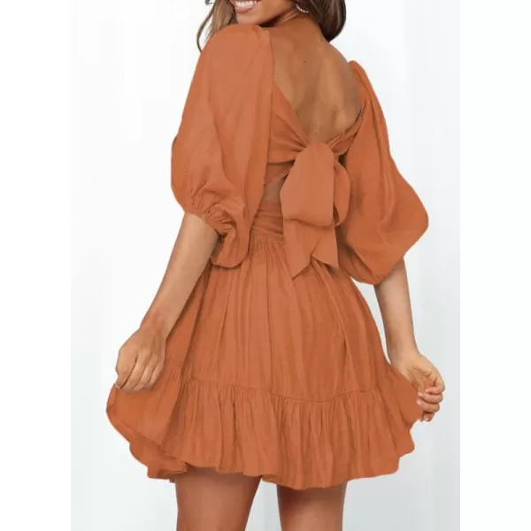 Dokotoo Womens Summer Dresses Square Neck Lantern Sleeve Tie Backless Ruffle A-Line Casual Dress