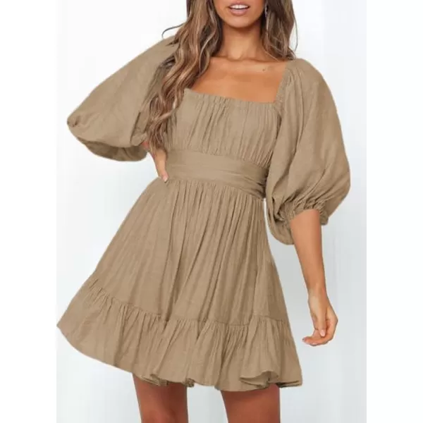 Dokotoo Womens Summer Dresses Square Neck Lantern Sleeve Tie Backless Ruffle A-Line Casual Dress