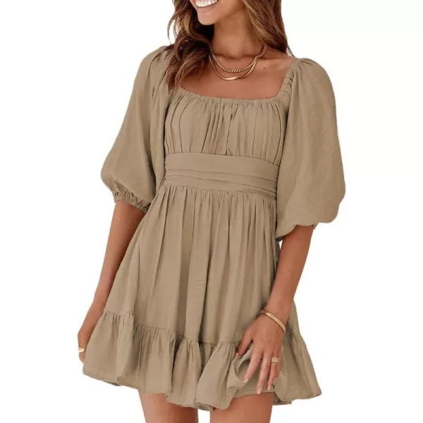 Dokotoo Womens Summer Dresses Square Neck Lantern Sleeve Tie Backless Ruffle A-Line Casual Dress