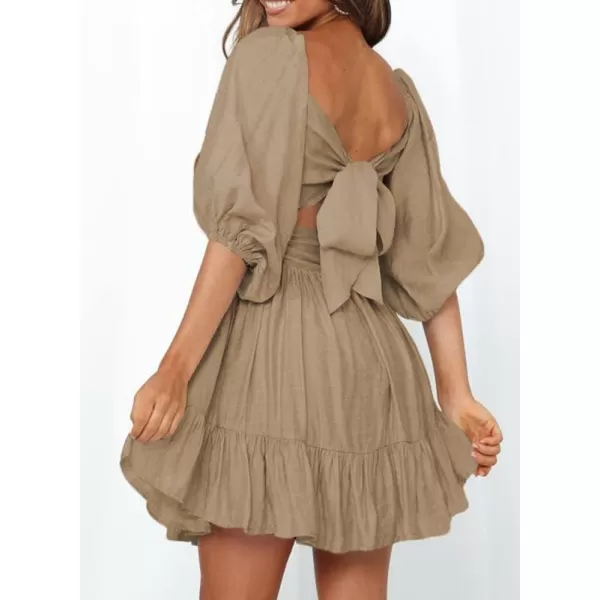 Dokotoo Womens Summer Dresses Square Neck Lantern Sleeve Tie Backless Ruffle A-Line Casual Dress