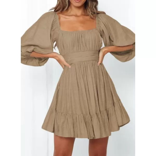 Dokotoo Womens Summer Dresses Square Neck Lantern Sleeve Tie Backless Ruffle A-Line Casual Dress