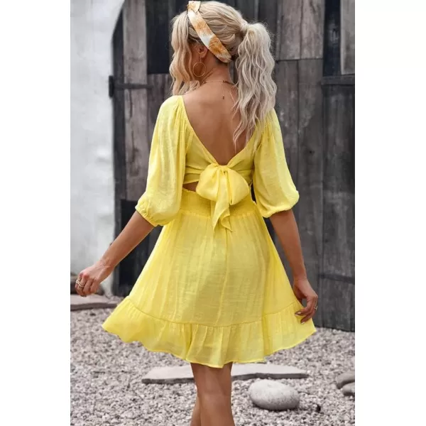 Dokotoo Womens Summer Dresses Square Neck Lantern Sleeve Tie Backless Ruffle A-Line Casual Dress