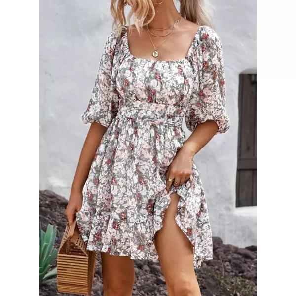 Dokotoo Womens Summer Dresses Square Neck Lantern Sleeve Tie Backless Ruffle A-Line Casual Dress