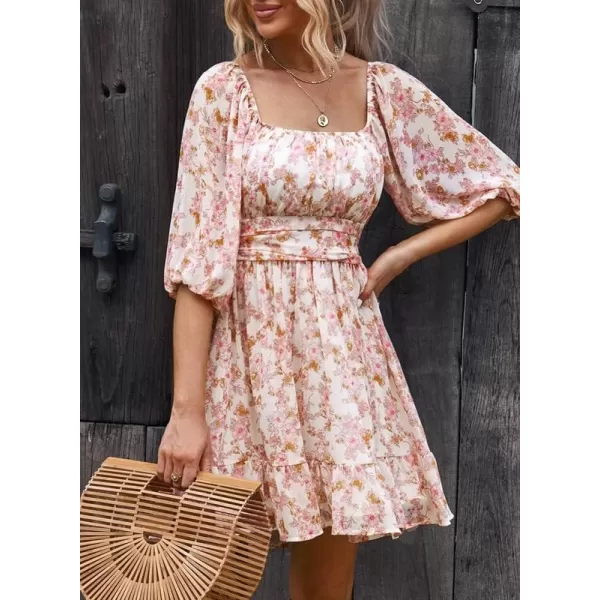 Dokotoo Womens Summer Dresses Square Neck Lantern Sleeve Tie Backless Ruffle A-Line Casual Dress